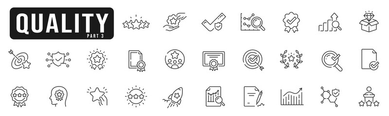 Set of quality control related line icons. Check, review, approve, checkmark etc. Editable stroke. Part 3