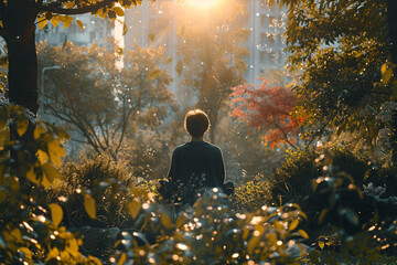 Serene Moment of Mindfulness: Individual Engages in Meditation Amidst a Tranquil Garden, Bathed in Golden Sunset Light, Embracing Nature and Inner Peace for Mental Clarity and Emotional Well-Being