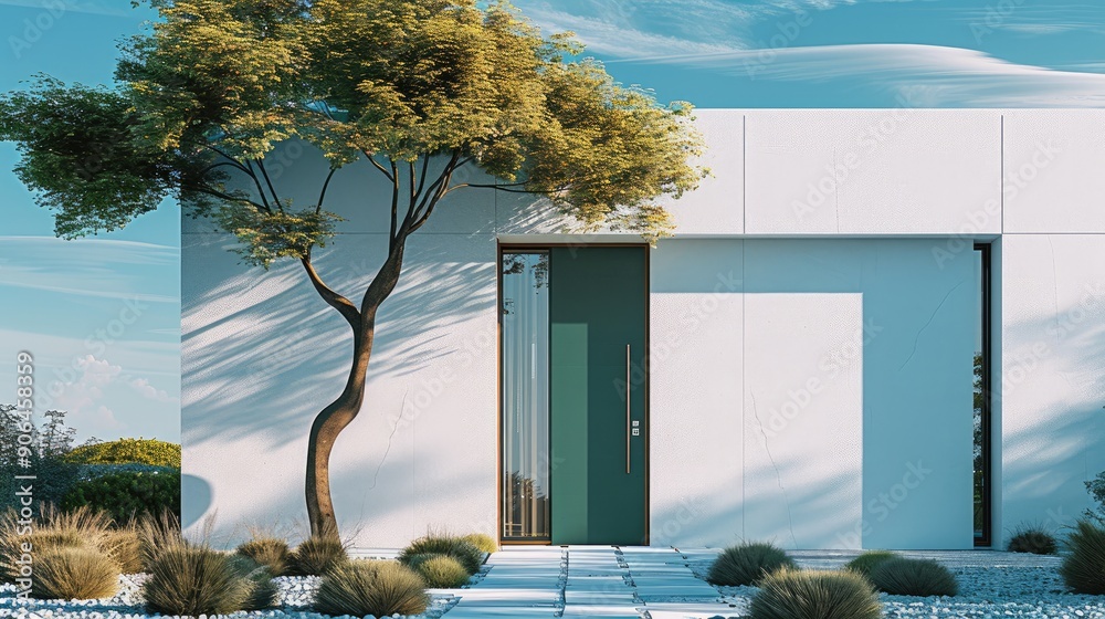Aufkleber modern house residence architecture. front door view. with green window and door. in calm residence.