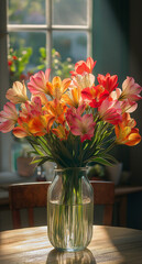 Fototapeta premium a glass vase filled with vibrant alstroemerias, placed on a wooden table by a sunlit window. Sunlight streams through the window, casting gentle rays on the flowers, highlighting their vivid colors