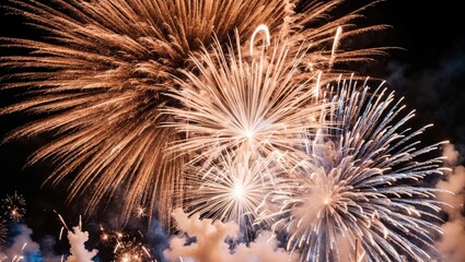 Brilliant fireworks burst in a colorful display against the night sky