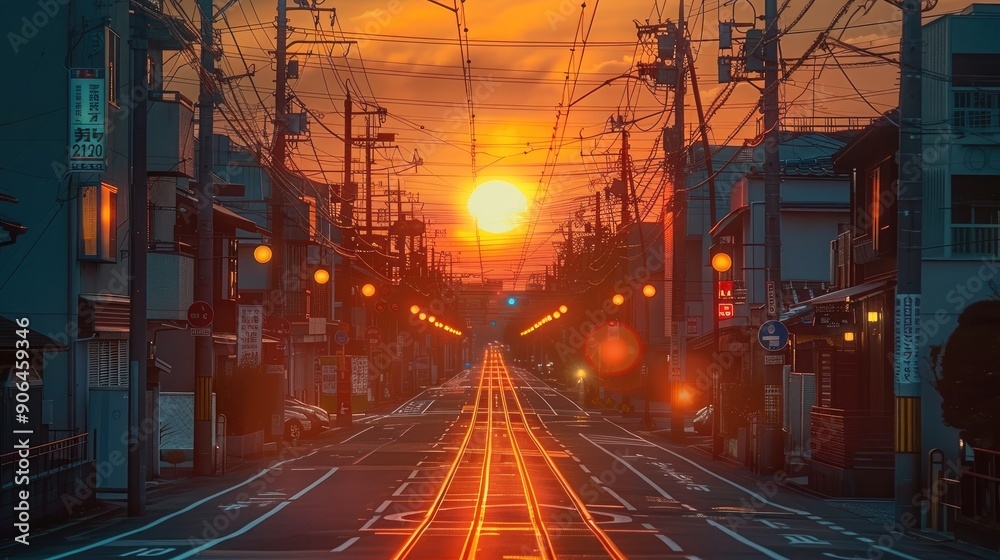 Wall mural A street in Japan at sunset, with an orange sky and many electric wires above the road. Generative AI.