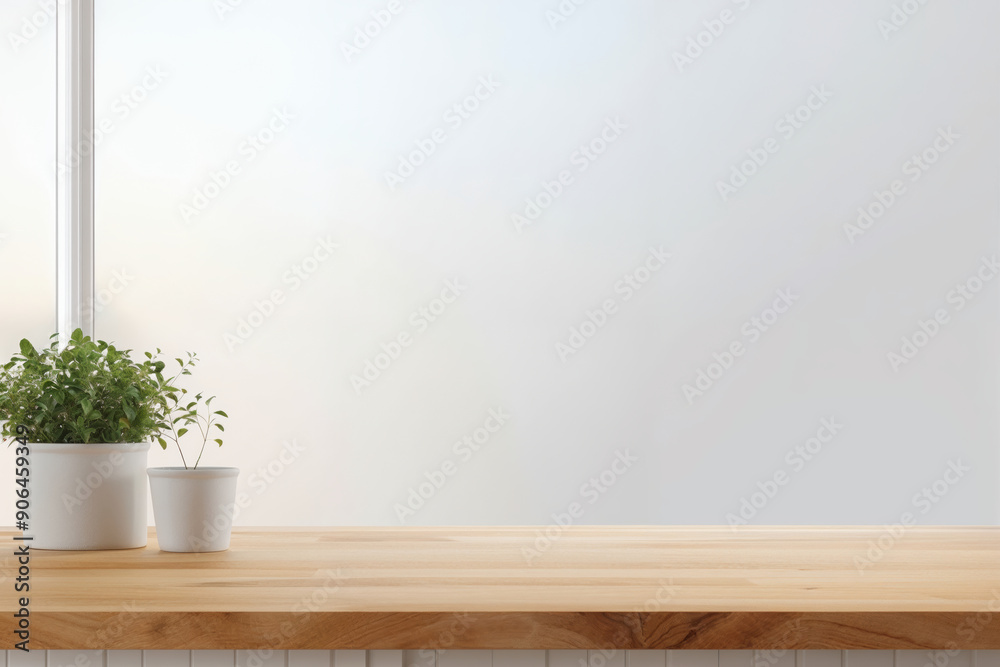 Poster empty wooden tabletop with small potted plants in front of window with frosted glass, perfect for pr