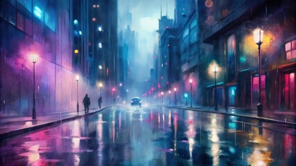 Moody rainy night in the cityscape with blurred neon lights reflecting off wet pavement, capturing the urban atmosphere in a solitary, mystical moment.