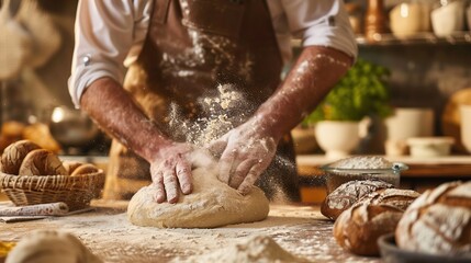 Fototapeta premium Close up of a man's hands kneading dough on a flour-dusted table, wearing an apron, making fresh bread at home in a kitchen background, front view. Perfect for concepts of home baking, artisanal bread