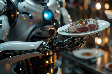 Close-up of a robot waiter carrying a plate of dishes