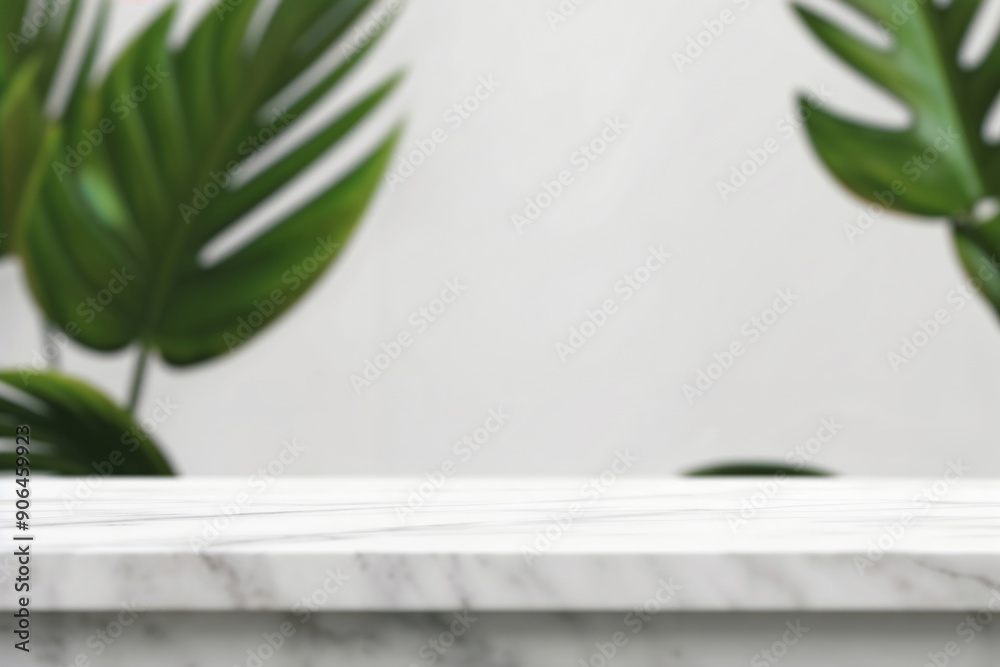 Poster empty marble surface with blurred tropical plants and copy space for product placement