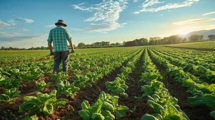 A farmer harvesting organic vegetables in a lush, green field with rows of crops under a bright blue sky. Natural daylight. Farm background. Generative AI.