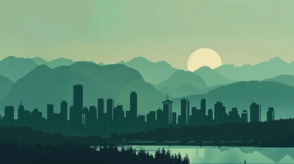 Fototapeta premium Minimalism illustration, silhouette of the Vancouver cityscape with Stanley Park and North Shore Mountains, flat illustration on pastel green background, empty copy space, lofi style illustration 