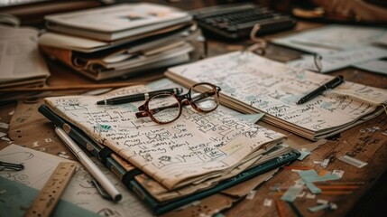 A desk with a pile of books and papers, a pair of glasses and a pen