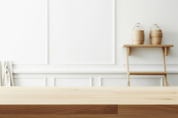 Empty wooden tabletop with blurred background of white room interior for product display