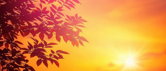Serene sunset with vibrant orange sky and silhouetted leaves, capturing the beauty of nature and the tranquility of a summer evening.