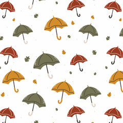 Seamless autumn pattern. Bright umbrellas with leaves on white background. Rainy weather. Can be used as gift paper, card and wallpaper. Perfect background for banner, poster, flyer, cover.