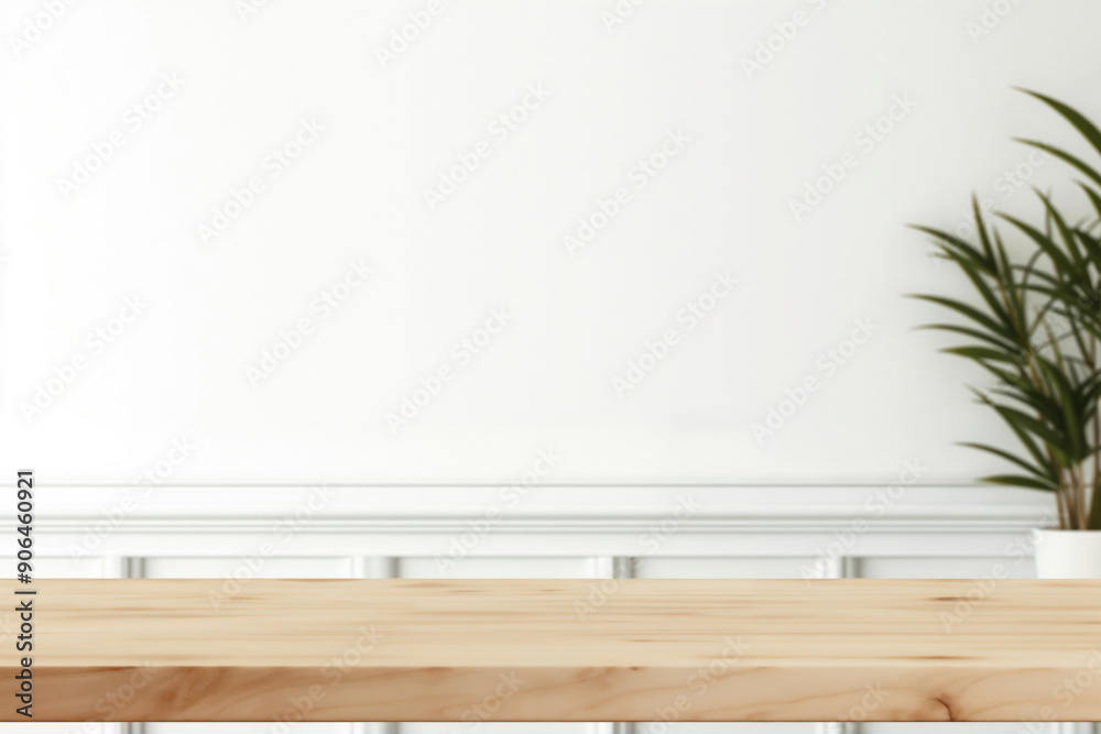 Aufkleber empty wooden tabletop surface with blurred white wall background for product display