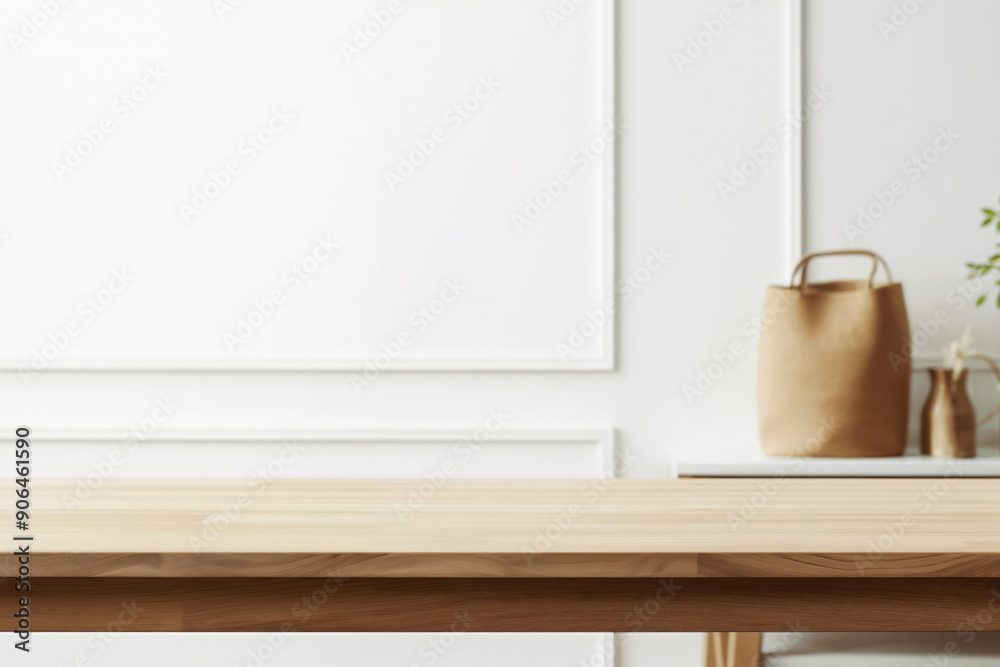Aufkleber empty wooden table top with blurred white wall panel background for product display