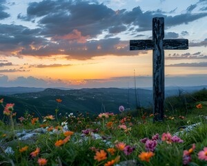 Serene Wooden Cross Overlooking Vibrant Wildflowers and Sunset Landscape