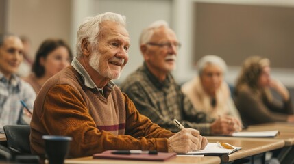 Detailed photo realistic depiction of a senior citizen in an adult education class, enthusiastic notetaking, engaging discussion, rich textures, high definition