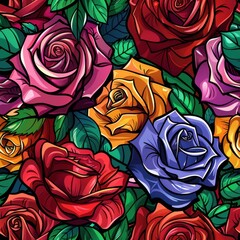 Seamless pattern with dark roses. cartoon vector illustration, birthday, cartoon illustration, cartoon line art, vibrant 