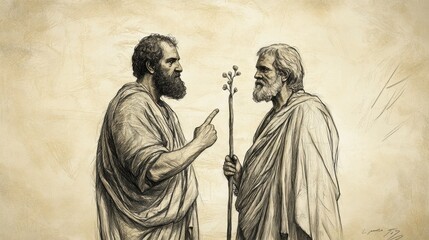 Fototapeta premium Biblical Illustration of Numbers: Moses Showing the Budded Staff to a Skeptical Tribal Leader, Captured on a Beige Background, Emphasizing Faith and Conviction