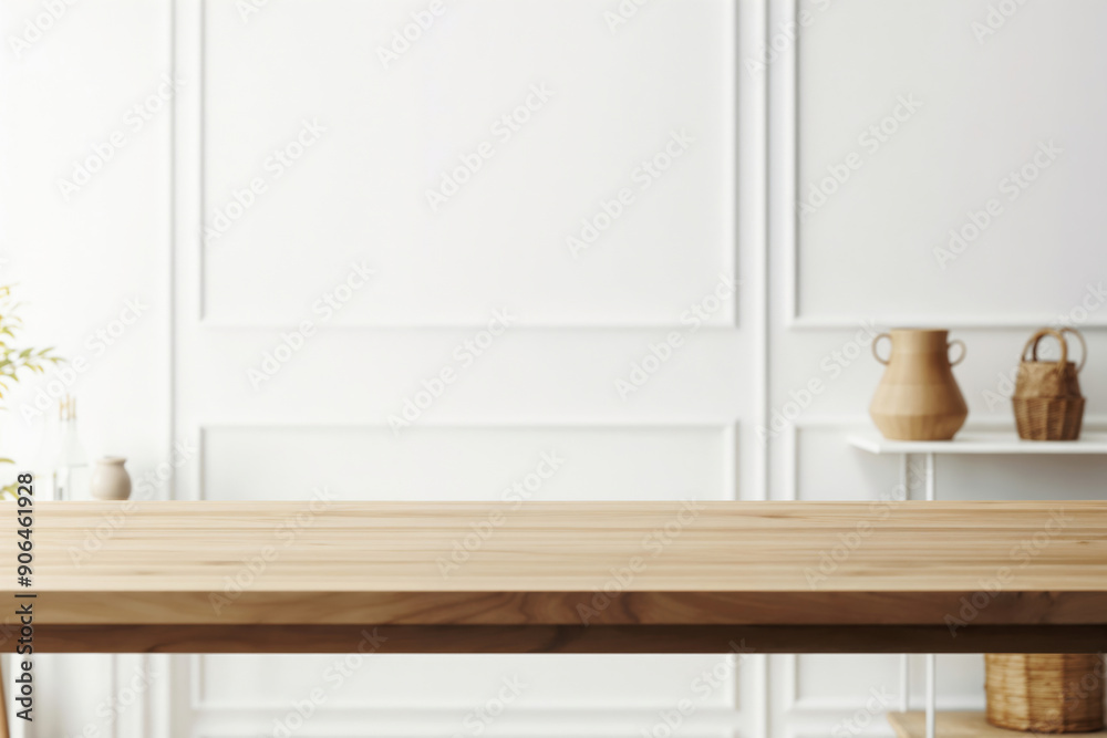 Aufkleber empty wooden table top with blurred background of minimalist white room, perfect for product display