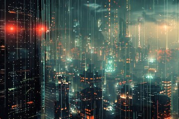 Fototapeta premium A bustling cityscape revealing a digital world beneath the surface.