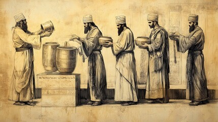 Fototapeta premium Biblical Illustration of Numbers: Priests Receiving Gold and Silver Vessels as Offerings, Captured on a Beige Background, Emphasizing the Significance of Religious Gifts and Devotion