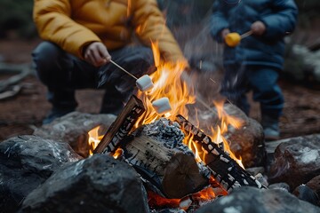 Fototapeta premium Cozy Campfire Moments: Toasting Marshmallows in Nature's Embrace