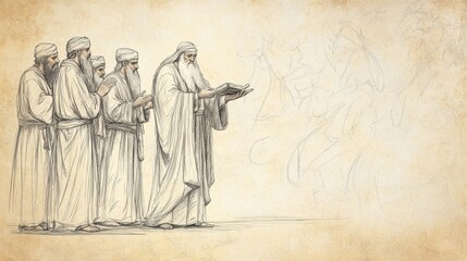 Fototapeta premium Biblical Illustration of Numbers: Priests Blessing a Nazirite at the Start of the Vow, Captured on a Beige Background, Highlighting the Sacred Rituals and Blessings in Religious Commitments