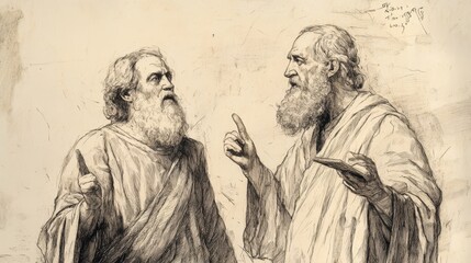 Fototapeta premium Biblical Illustration of Numbers: Aaron and Moses Pleading with the Rebels to Reconsider, Captured on a Beige Background, Emphasizing Compassion and Leadership