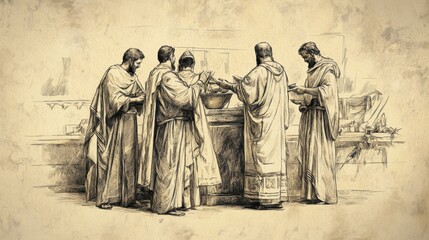 Naklejka premium Priests Consecrating New Garments for the Offering Ceremony, Biblical Illustration from Numbers, Daily Offerings, Beige Background, Ideal for Religious Education and Worship Materials