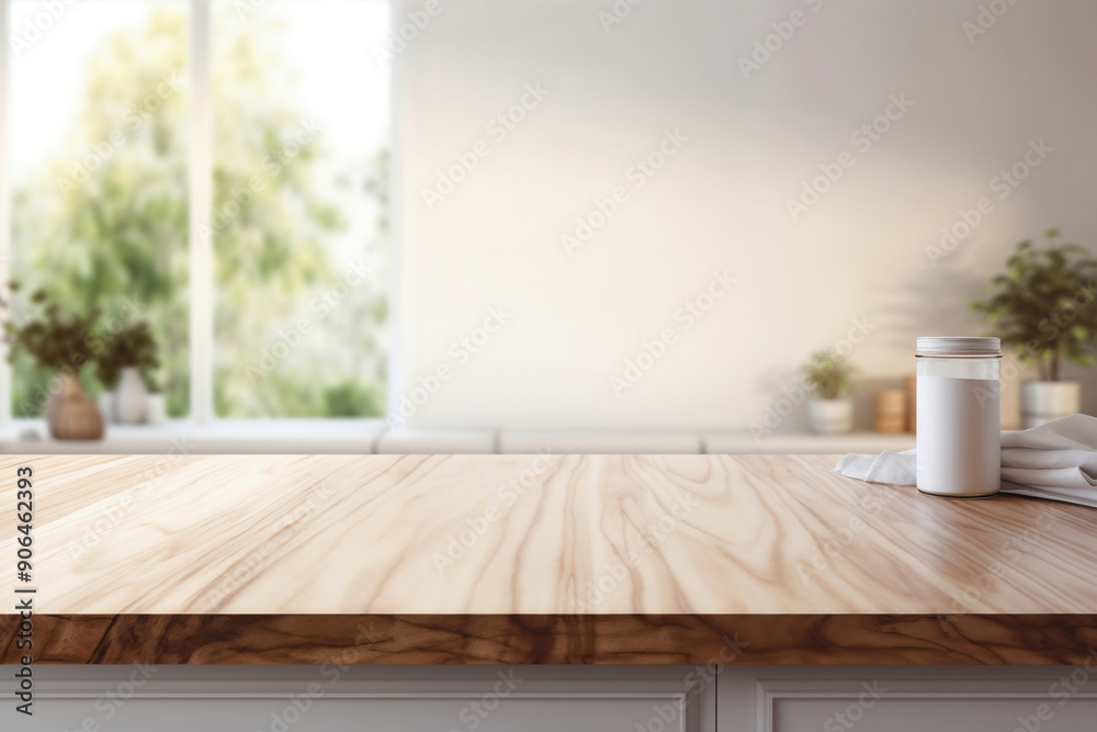 Aufkleber empty wooden countertop with a white jar and a white towel, perfect for showcasing your product or d