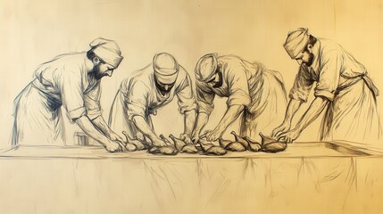 Obraz premium Biblical Illustration of Numbers: Cooks Preparing Quail for a Communal Feast, Captured on a Beige Background, Emphasizing Community and Divine Provision