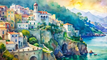 Obraz premium Vibrant Mediterranean colors adorn the picturesque Atrani village, with ancient buildings, steep stairways, and lush greenery against a backdrop of turquoise Amalfi Coast waters.