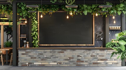 Rustic Coffee Shop Interior with Chalkboard Blackboard Billboard and Brick Wall