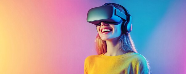 Woman wearing VR headset on gradient background. Studio portrait. Futuristic technology and entertainment concept. Design for poster, wallpaper, banner, greeting card. 