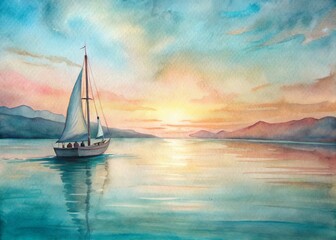 Fototapeta premium Sailboat drifting peacefully on calm turquoise waters at sunset, empty deck and elegant navigation equipment, evoking a sense of serene romantic getaway for two.