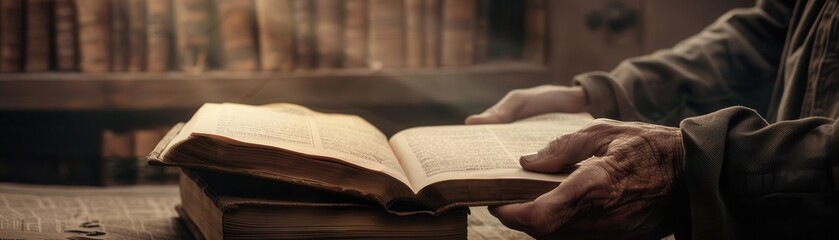Fototapeta premium Weathered hands holding an open book, photo realistic style, closeup shot, sunlight illuminating pages, detailed textures, natural lighting