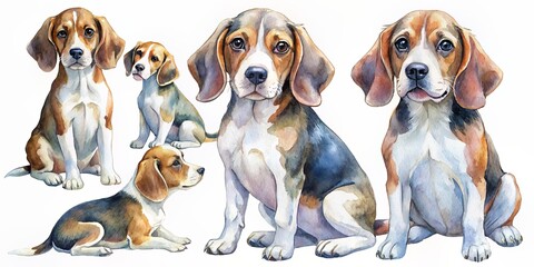 Adorable beagle dog collection featuring sitting, standing, portrait, and lying poses, isolated on a white background, showcasing its cute expressions and adorable features.