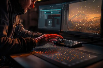Detailed closeup of a visually impaired person interacting with a Braille display, photo realistic, computer screen in background, intricate details, natural lighting