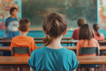 Obraz premium a child sitting in a classroom in the foreground, with her back turned, wearing a blue T-shirt looking toward the blackboard and the teacher's desk. In the background, again with their backs turned
