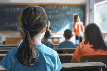 a child sitting in a classroom in the foreground, with her back turned, wearing a blue T-shirt looking toward the blackboard and the teacher's desk. In the background, again with their backs turned