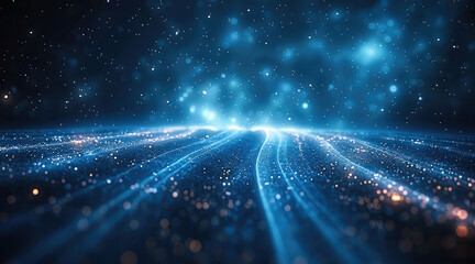 Obraz premium Dark background technology, the bottom of the screen to feed the scientific and technological ring base, upward emission of countless gradient beam lines, accurate perspective. Generative AI.