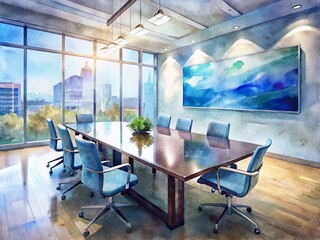 A sleek, modern office with a polished wood table, leather chairs, and a large screen displaying financial data, awaiting a productive advisory session.