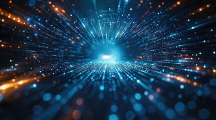 Dark background technology, the bottom of the screen to feed the scientific and technological ring base, upward emission of countless gradient beam lines, accurate perspective. Generative AI.