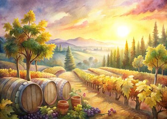 Sun-drenched vineyard scenery after grape harvest, with rustic wine barrels, lush greenery, and golden light, evoking a sense of romance and tranquility.