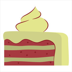 Birthday pistachios cake slice.Sweet bakery piece.Pastry dessert with cream. Lemon cake slice. Citrus sweet pastries.Mint cream. Vector flat illustration.Isolated on white background.