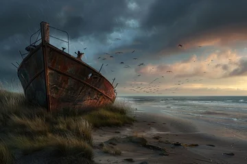 A boat is sitting on the beach with a storm in the background. The sky is dark and cloudy, and the water is choppy. Scene is somber and foreboding