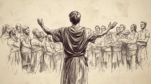 Biblical Illustration of Numbers: Caleb Trying to Calm the Crowd with Positive Reports, Captured on a Beige Background, Emphasizing Leadership and Faith