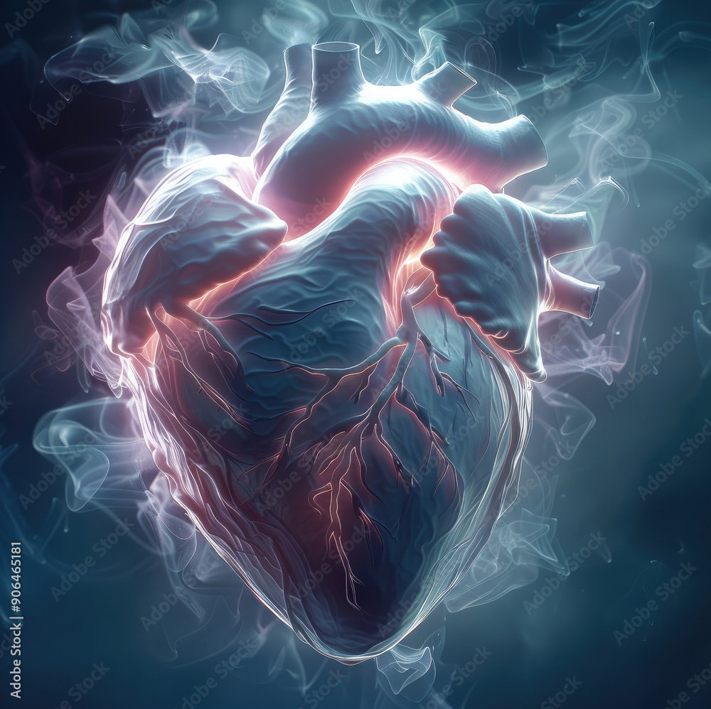 Poster An abstract representation of honesty, with intertwining threads of light forming an open, radiant heart. Generative AI.
