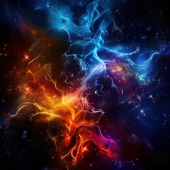 Fototapeta premium A colorful galaxy with two bright orange and blue streams of light. The colors are vibrant and the image has a sense of movement and energy